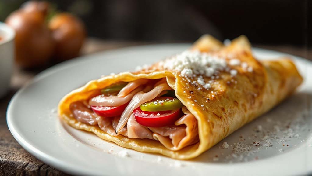 Ein herzhafter Crêpe, gefüllt mit Schinkenscheiben, frischer Tomate, Gurke und bestreut mit zerbröckeltem Käse, perfekt für das Catering Ihrer nächsten Veranstaltung von Reicherts, serviert auf einem weißen Teller.